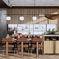 Modern Restaurant Interior With Wooden Walls Hanging Pendant Lights Dining Table Chairs And Bar Counter