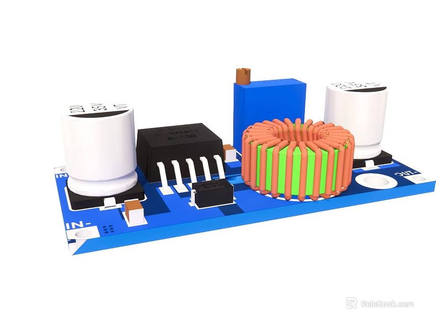 Blue Electronic Circuit Board With Inductor Capacitors And Chip Components 3d model