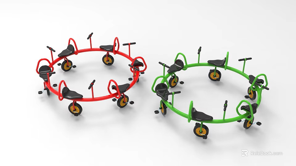 Colorful Circular Children's Playground Equipment With Red Green Seats And Wheels 3d model 