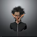 Elf Character With Spiky Black Hair Pointed Ears And Black High Collar Outfit With Zipper