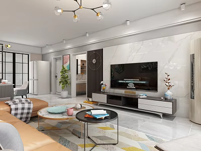 Modern Living And Dining Room With Beige Sofa Round Coffee Tables And Marble TV Wall 3d model