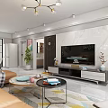 Modern Living And Dining Room With Beige Sofa Round Coffee Tables And Marble TV Wall