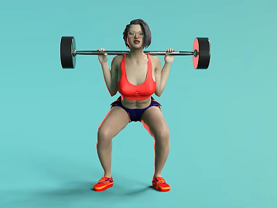 Woman Squatting Lifting Barbell in Red Sports Bra Dark Shorts Orange Sneakers Light Blue Background 3d model