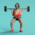 Woman Squatting Lifting Barbell in Red Sports Bra Dark Shorts Orange Sneakers Light Blue Background