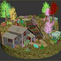 Cartoon Scene With Wooden Cabin Stone Stairs Tent Green Trees And Blue Van