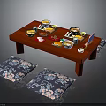 Traditional Assorted Food Dishes On Red Low Table With Blue Floral Cushions