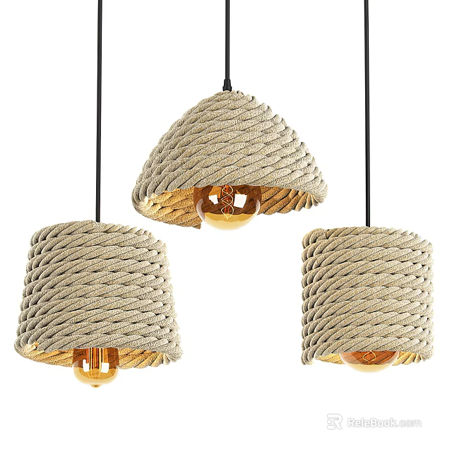 Three Rope Woven Pendant Lights with Cylindrical and Cone Shaped Shades and Warm Light Bulbs 3d model 