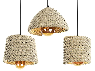 Three Rope Woven Pendant Lights with Cylindrical and Cone Shaped Shades and Warm Light Bulbs 3d model