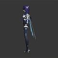 Game and Movie Character With Purple Hair Blue White Outfit Flowing Sash and Long Stockings