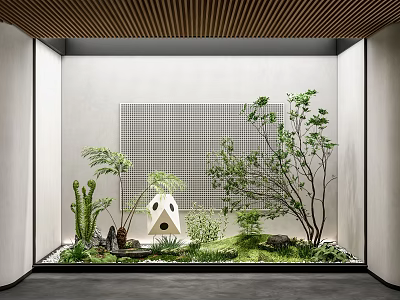 Wooden Ceiling White Walls Courtyard Garden with Grid Pattern Diverse Plants and White House Decor 3d model