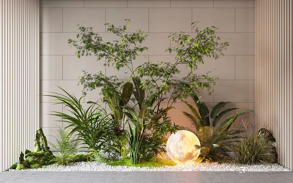Garden Decorative Arrangement Featuring Lush Green Plants Glowing Spherical Light White Wall And Pebble Ground 3d model 
