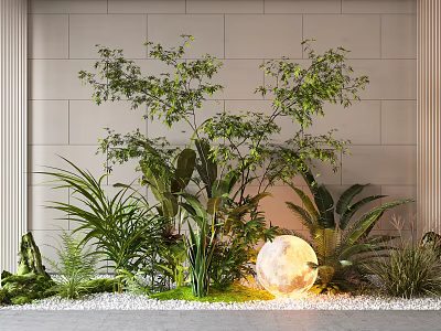 Garden Decorative Arrangement Featuring Lush Green Plants Glowing Spherical Light White Wall And Pebble Ground 3d model