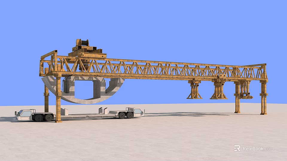 Yellow Bridge Construction Machine Structure With Truck Under Blue Sky 3d model 