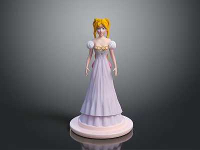 Woman with Long Blonde Hair in Light Purple Gown on White Base against Gray Background 3d model