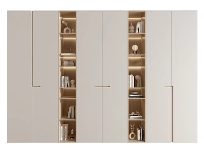 Modern Wardrobe Design With Light Colored Cabinet Doors Open Shelves And Decorative Items 3d model