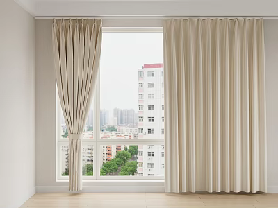 Beige Pleated Curtains In Modern Room With City View And Greenery 3d model