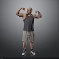 Muscular Man Flexing Biceps In Gray Tank Top Beige Shorts And White Sneakers