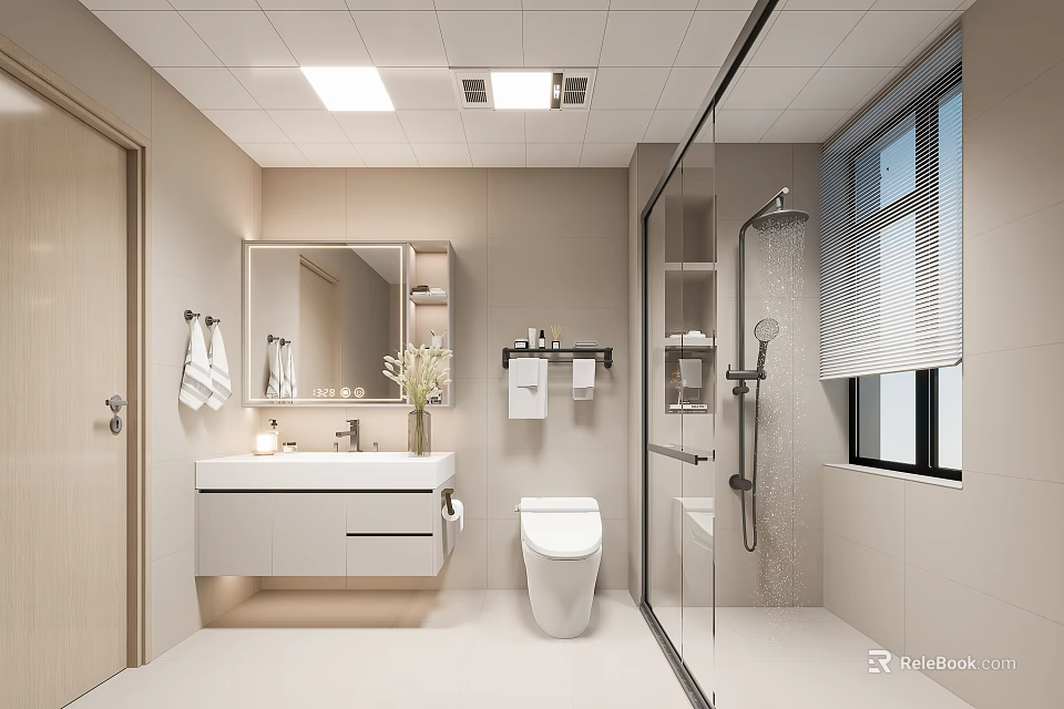 Modern Bathroom Interior Design With Wall-Mounted Vanity Mirror White Toilet Glass Shower And Window Blinds 3d model 