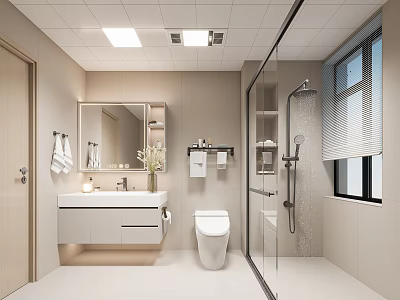 Modern Bathroom Interior Design With Wall-Mounted Vanity Mirror White Toilet Glass Shower And Window Blinds 3d model