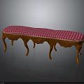 Elegant Classical Wooden Bench With Pink And White Checkered Upholstery And Ornate Carved Legs