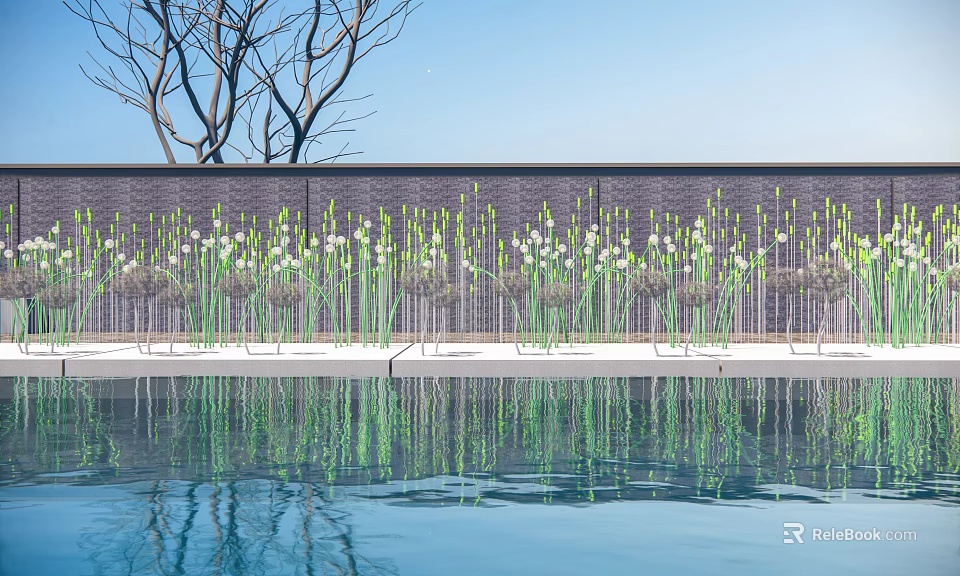 Outdoor Lights with White Flowers and Green Stems by Pool with Clear Reflection 3d model 