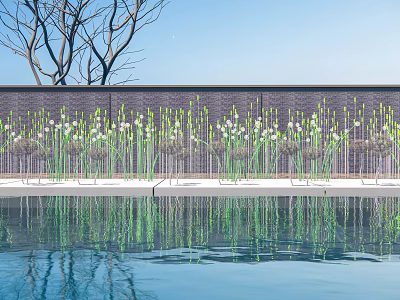 Outdoor Lights with White Flowers and Green Stems by Pool with Clear Reflection 3d model
