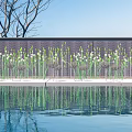 Outdoor Lights with White Flowers and Green Stems by Pool with Clear Reflection