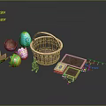 Colorful Easter Eggs In Wicker Basket With Decorative Items And Flags 3d model