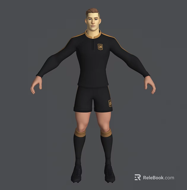 3D Game Movie Character In Black Sportswear With Gold Accents Long Sleeves Shorts Standing Pose 3d model 