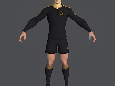 3D Game Movie Character In Black Sportswear With Gold Accents Long Sleeves Shorts Standing Pose 3d model
