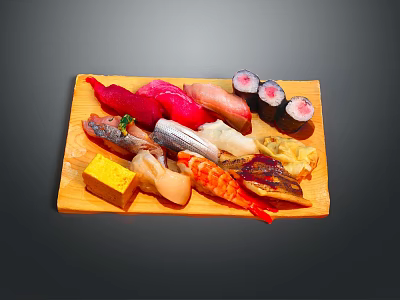 Assorted Sushi Platter With Fresh Sashimi Nigiri Maki Rolls And Seafood On Wooden Tray 3d model