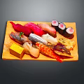 Assorted Sushi Platter With Fresh Sashimi Nigiri Maki Rolls And Seafood On Wooden Tray
