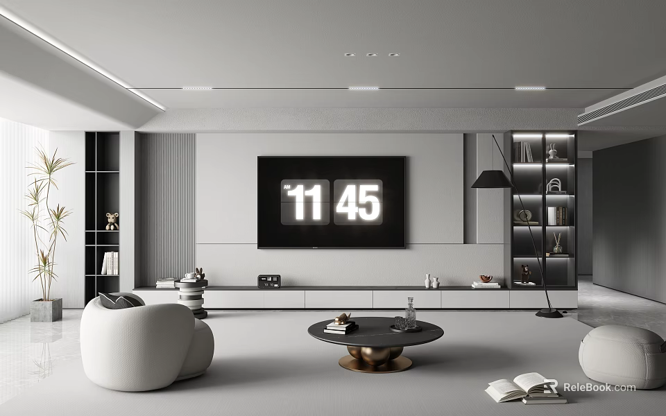 Minimalist Modern TV Background Wall Design With Built-in TV Open Shelves And Round Sofa 3d model 