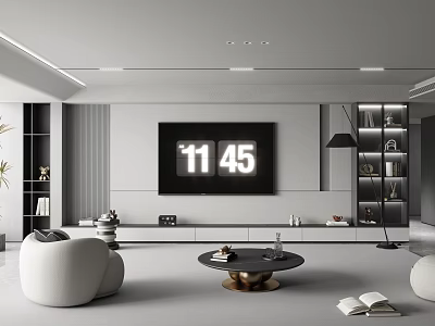 Minimalist Modern TV Background Wall Design With Built-in TV Open Shelves And Round Sofa 3d model