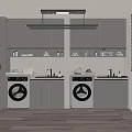 Modern Double Washing Machines In Kitchen With Storage Cabinets And Minimalist Design