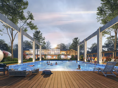 Outdoor Swimming Pool With Wooden Deck People Swimming And Trees Under Sunset Sky 3d model