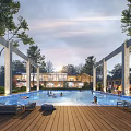 Outdoor Swimming Pool With Wooden Deck People Swimming And Trees Under Sunset Sky