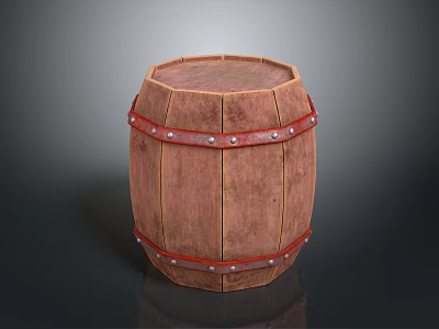 Vintage Wooden Barrel With Red Metal Hoops For Home Decor Use 3d model