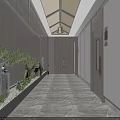 Modern Elevator Hallway Interior With Stone Floor Ceiling Lights And Decorative Green Plants 3d model