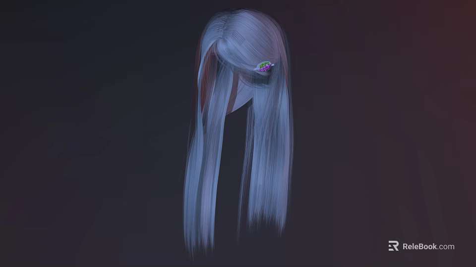 Back View Of Woman With Long Straight Silver White Hair And Purple Hair Accessory 3d model 