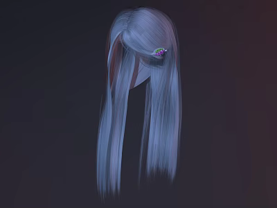 Back View Of Woman With Long Straight Silver White Hair And Purple Hair Accessory 3d model