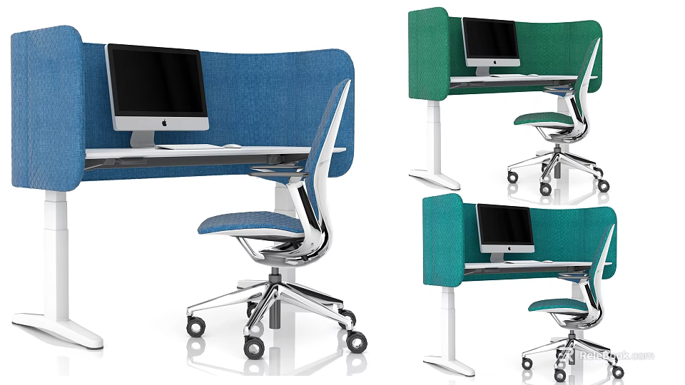 Modern Office Desk With Blue Green Partition Computer Monitor And Rolling Chair 3d model 