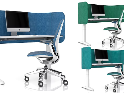 Modern Office Desk With Blue Green Partition Computer Monitor And Rolling Chair 3d model