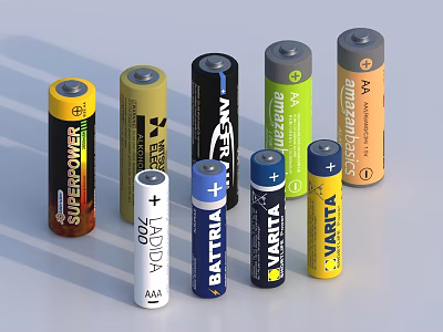 Various Types Of Household Appliances Batteries With Different Brands And Colors 3d model