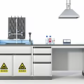 Laboratory Setup With Blue Countertop Fume Hoods Reagent Bottles Sink Faucet And Warning Signs