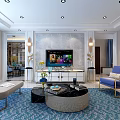 Modern Living Room Interior Featuring Gray Sofa Colorful Pillows Blue Area Rug And Decorative Paintings