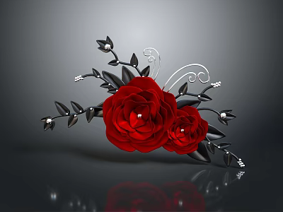 Elegant Red Rose Hair Accessory With Black Leaves And Silver Accents 3d model