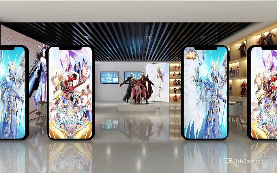 Anime Game Characters Display In Modern Exhibition Hall With Digital Screens And Mannequins 3d model 
