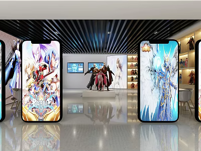 Anime Game Characters Display In Modern Exhibition Hall With Digital Screens And Mannequins 3d model