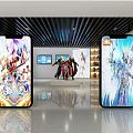 Anime Game Characters Display In Modern Exhibition Hall With Digital Screens And Mannequins